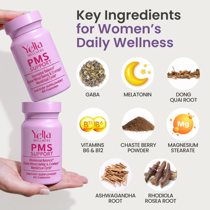 YELLA WELLNESS Hormone Balance for Women - PMS Support Supplement for Women w/Chaste Tree, Dong Quai and Ashwagandha- PMS and Menopause Relief for Bloating, Cramps and Mood Swings- (60ct) YELLA WELLNESSBuy Supplements Australia