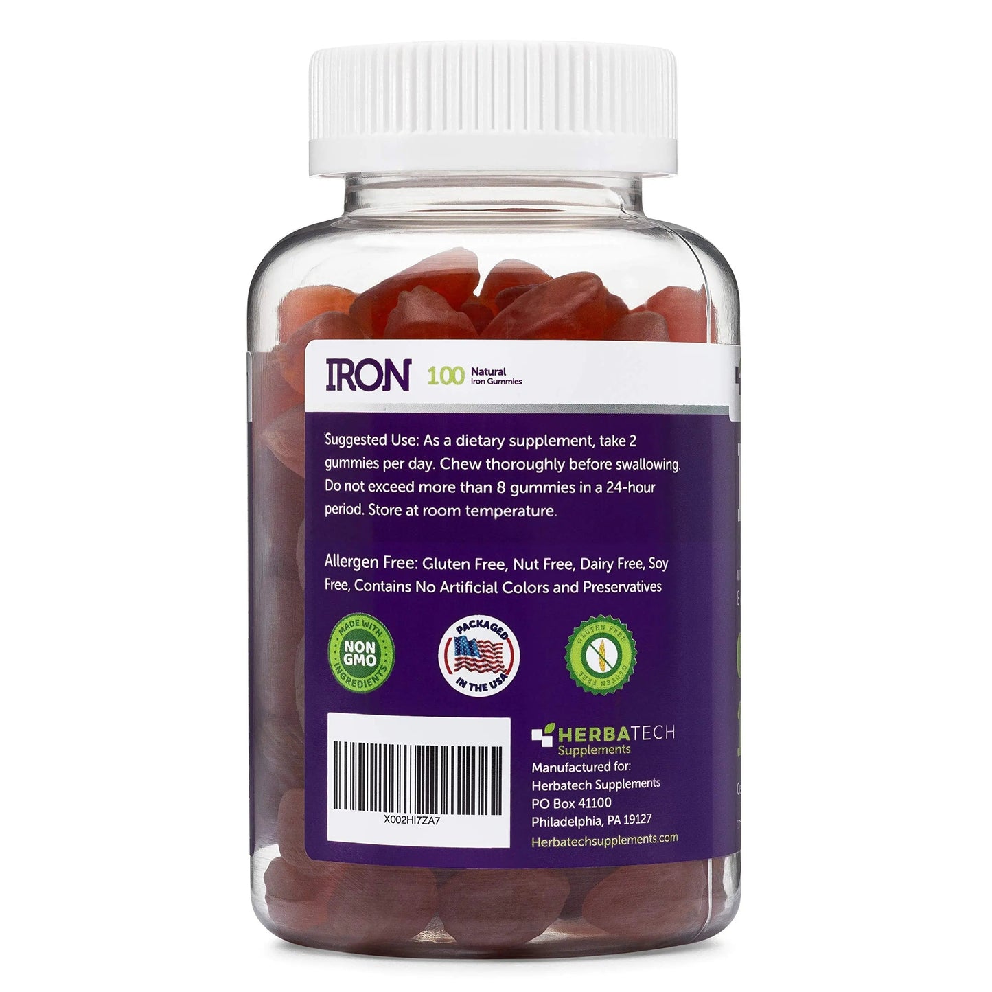 Iron Gummies for Adults and Kids, Chewable Multivitamin Supplement with Iron, Vitamin C, A, B, Zinc, Folic Acid, and Biotin (Grape Flavored) Vegan Safe Herbatech Supplements