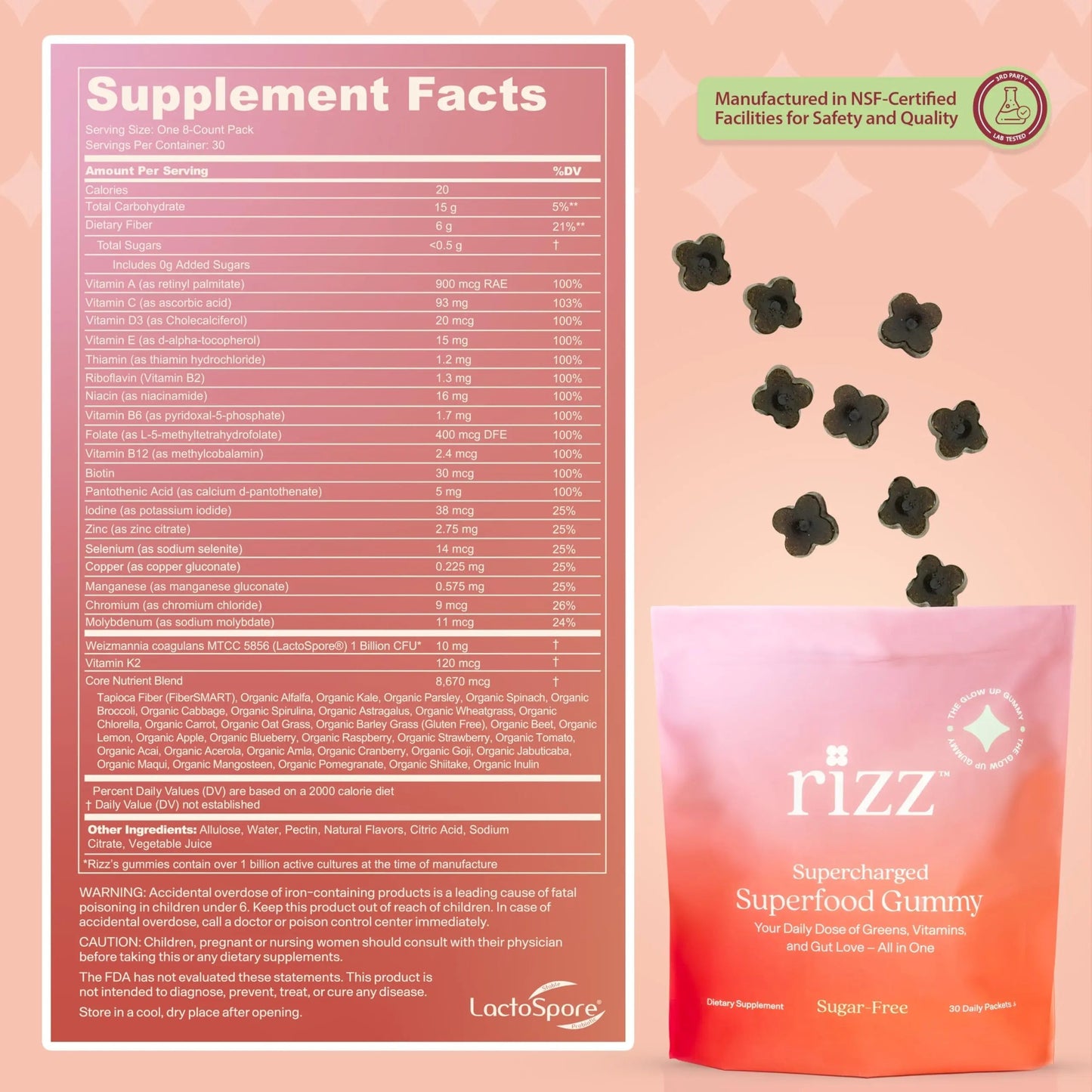 Rizz Sugar-Free Green Gummies - 60+ Superfoods 6g Fiber - Prebiotic and Probiotic Gummies - Vegan Multivitamins for Women & Men Rizz