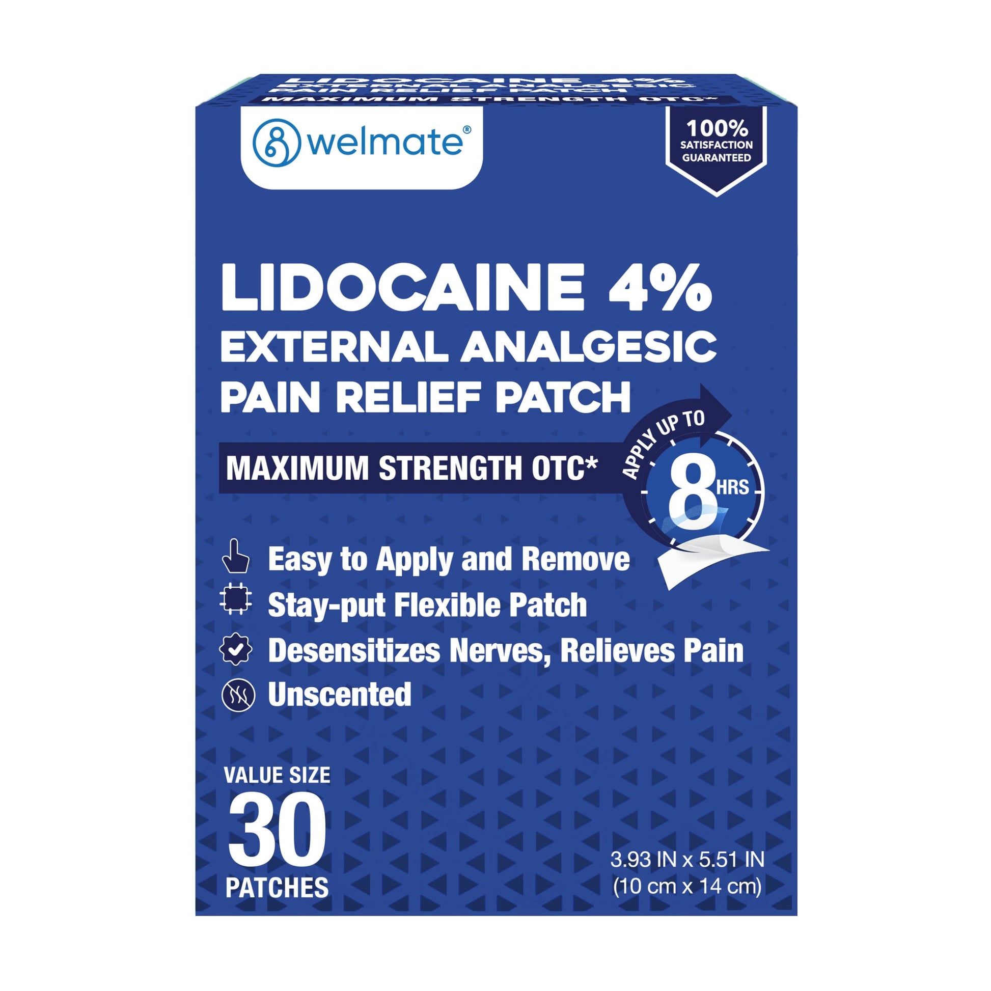 WELMATE - 4% Lidocaine Numbing Patch - Maximum Strength - Temporary Relief of Pain, Back, Neck, Shoulders, Knees, Elbows, Minor Skin Irritations - Topical Analgesic Unscented - 30 ct WELMATEBuy Supplements Australia