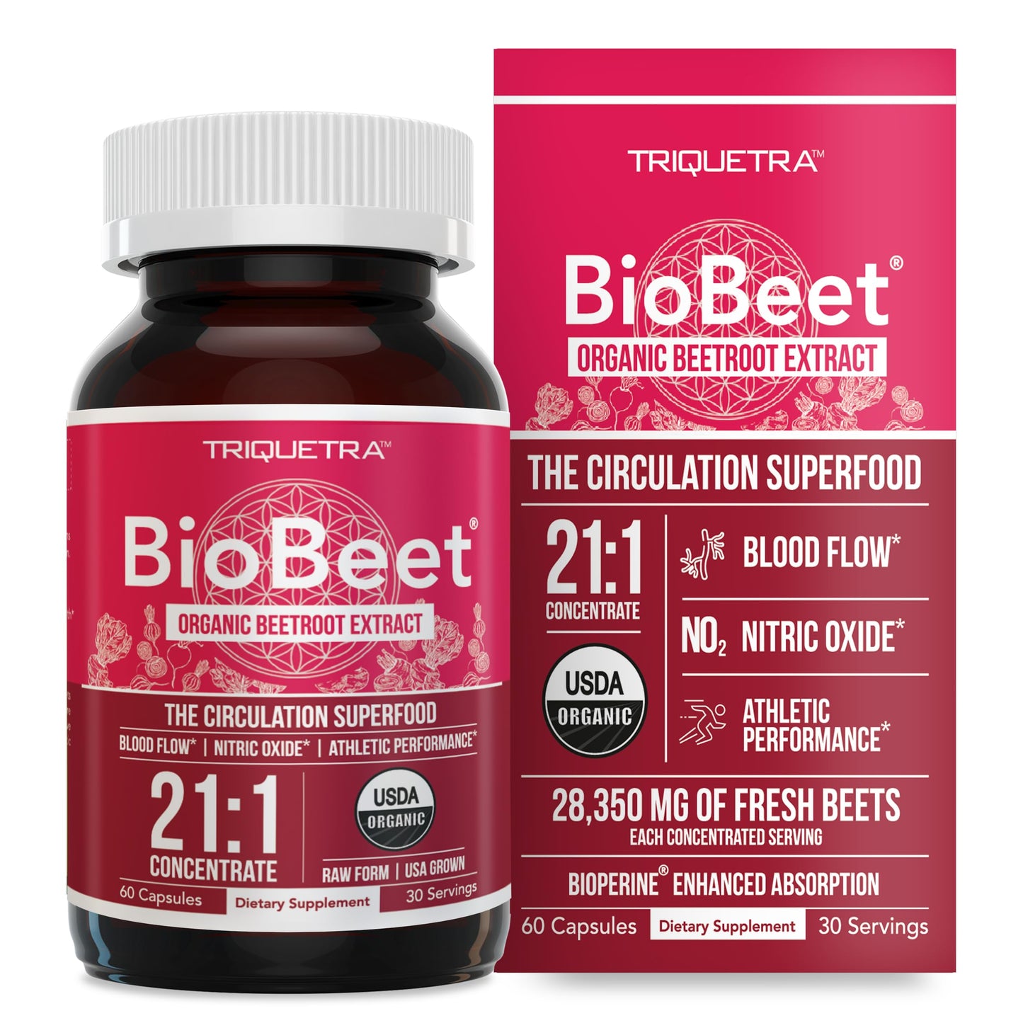 BioBeet® Max Strength Beet Root Capsules - 21:1 Concentrate, Each Serving Derived from 28,350 mg Organic Beetroot - Absorption Enhancement