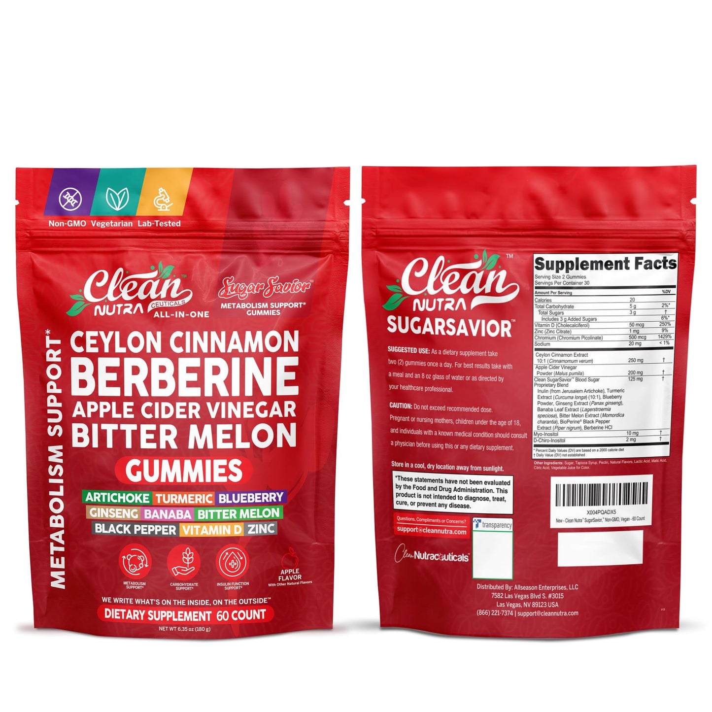 Sugar Savior Ceylon Cinnamon Berberine Gummies Apple Cider Vinegar Artichoke Turmeric Blueberry Ginseng Banaba Bitter Melon Black Pepper Vitamin D Zinc GLP1 Gummies 60 Count by Clean Nutra Clean NutraceuticalsBuy Supplements Australia