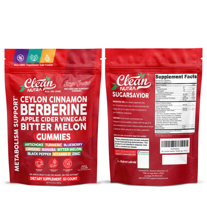 Sugar Savior Ceylon Cinnamon Berberine Gummies Apple Cider Vinegar Artichoke Turmeric Blueberry Ginseng Banaba Bitter Melon Black Pepper Vitamin D Zinc GLP1 Gummies 60 Count by Clean Nutra Clean NutraceuticalsBuy Supplements Australia