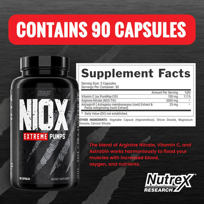 Nutrex Research NIOX Extreme Pumps - 180-Count Pre-Workout Pump Supplement with Arginine Nitrate, Vitamin C, AstraGin for Muscle Pump, Vascularity, Endurance, NO3-T