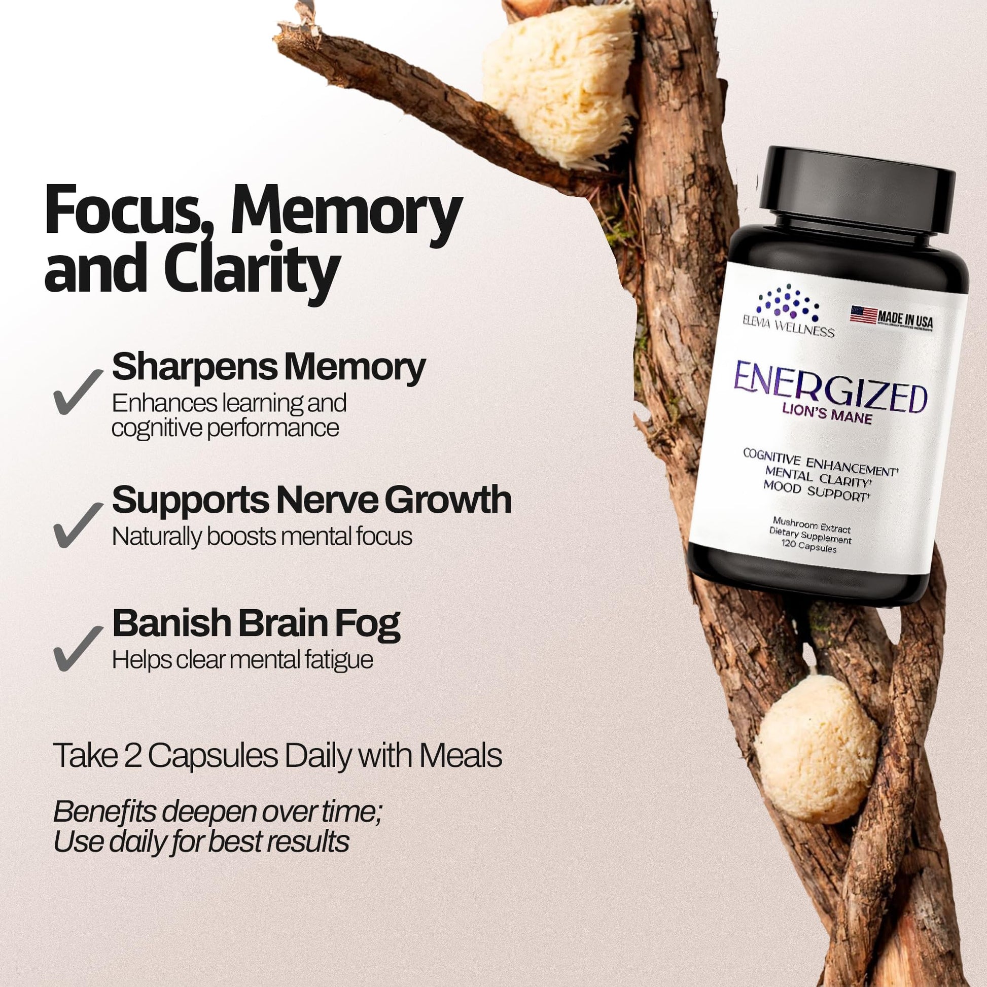 Energized Lions Mane Supplement Capsules (120ct),Brain Supplements for Memory and Focus, Nootropic for Brain Fog Relief Made in USA,30% Polysaccharides,Natural Brain Health Support Elevia WellnessBuy Supplements Australia