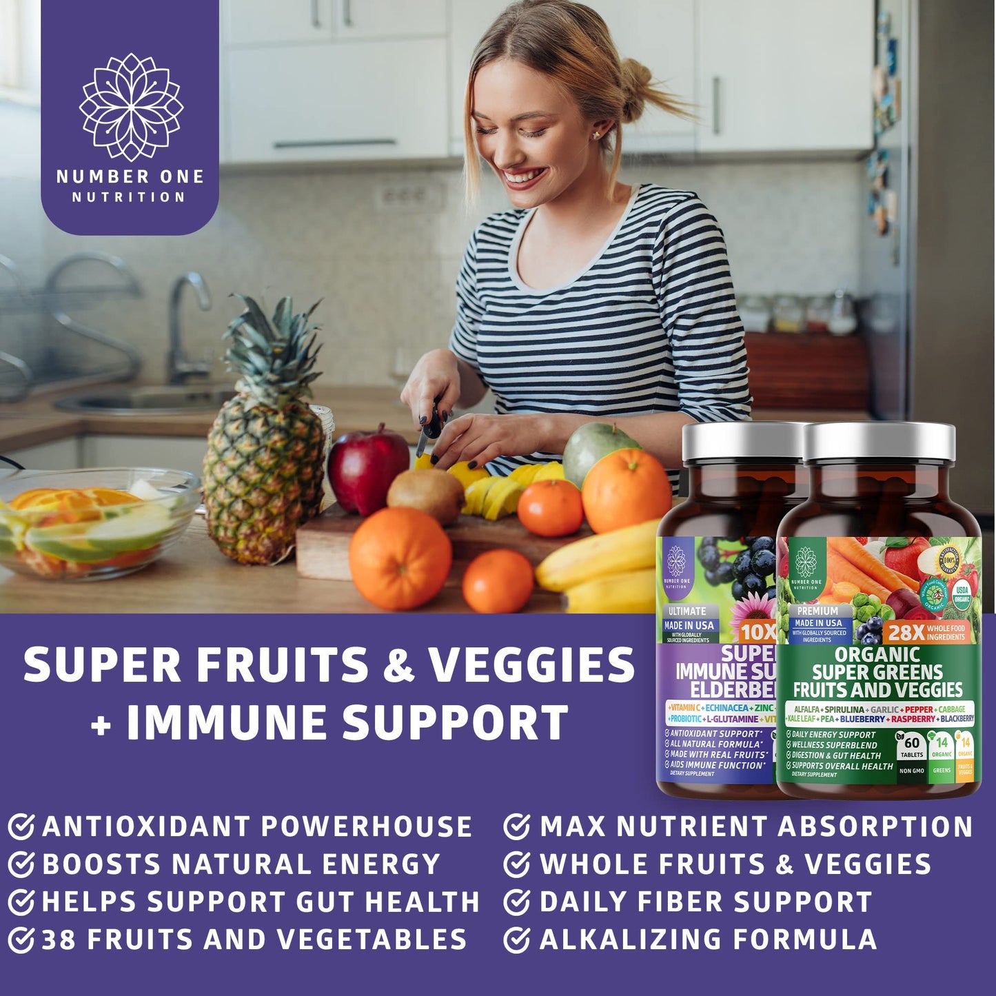 N1N Premium Organic Super Fruits & Veggies + Immune Support [38 Powerful Ingredients], Natural Super Greens Supplement with Alfalfa, Vitamins & Minerals, Zinc, Turmeric and Probiotic, 120 Caps Number One NutritionBuy Supplements Australia
