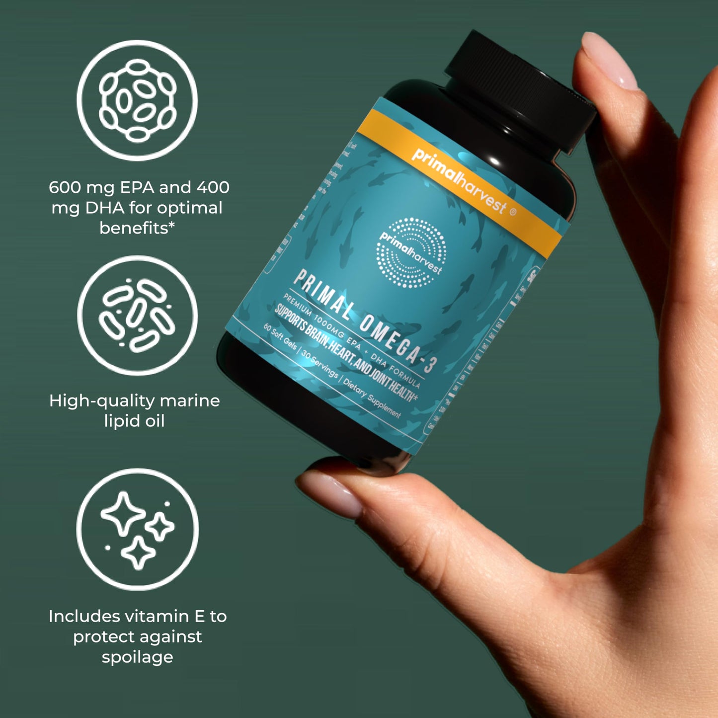 Primal Harvest Omega 3 Fish Oil Supplements, 30 Servings Soft Gels Capsules w/ 1000mg EPA + DHA Supplements