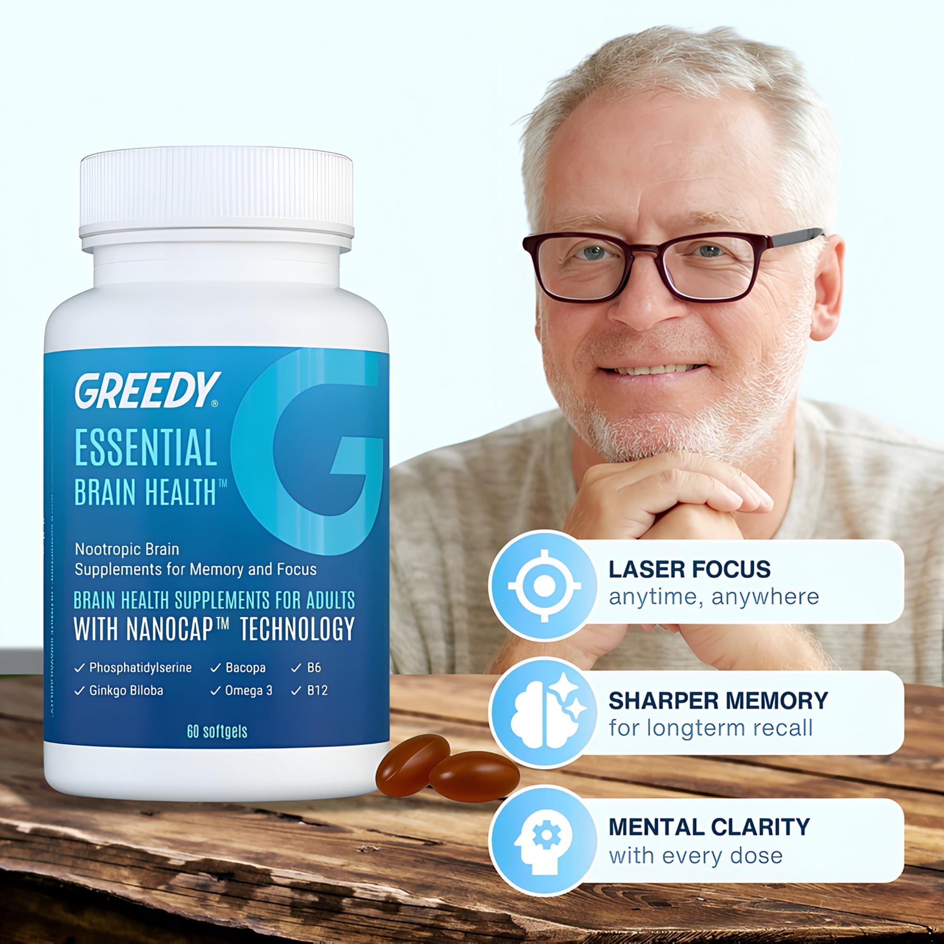 Essential Brain Health Supplements Nootropic for Memory and Focus – for Adults with NanoCap® Technology, Phosphatidylserine, Bacopa, Ginkgo Biloba, Omega 3, B6, B12, 60 Softgels by Greedy® Nutrition Platinum HealthBuy Supplements Australia