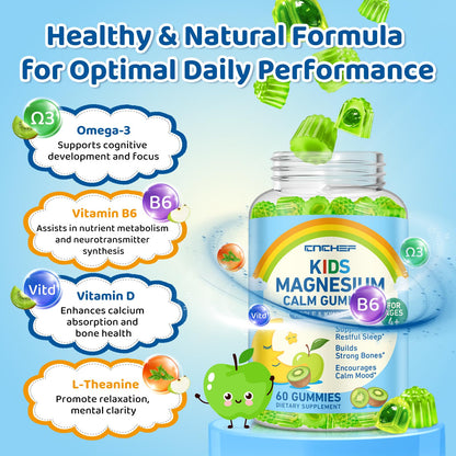 Center-Filled Magnesium Gummies for Kids 300MG - Magnesium Glycinate Gummies with L-theanine, Omega-3, Vitamin B6, D for Kids & Adults, Supplement for Sleep, Calm & Muscle Relaxation - Apple & Kiwi CNCHEFBuy Supplements Australia