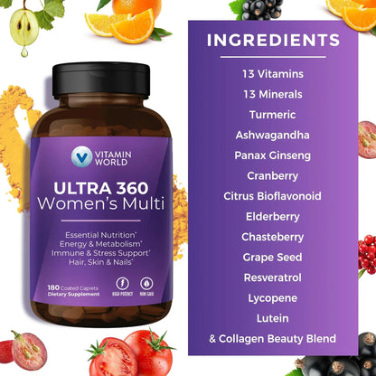 Vitamin World Ultra 360 Multivitamin for Women, Women's Multivitamin with Herbs & Collagen for Hair, Skin & Nails, Supplement with Iron, Vitamin A, B, C, D, E Vitamin World