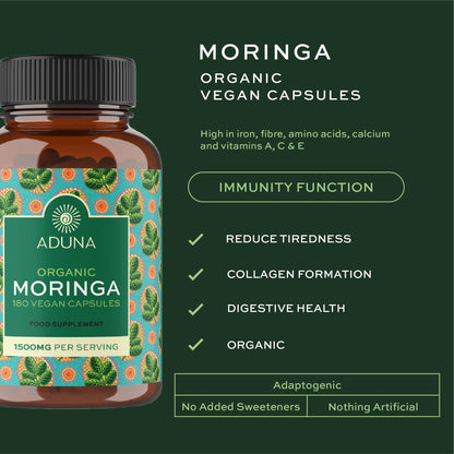 Aduna Organic Moringa Capsules 1500mg | 100% Pure Moringa Leaf for Energy, Immunity & Focus | Natural Plant-Based Food Supplement for Tiredness, Recovery & Breastfeeding | 180 Vegan Capsules AdunaBuy Supplements Australia