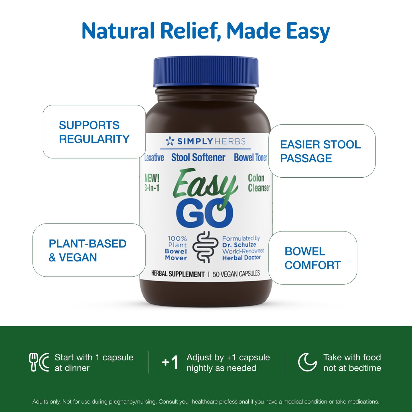 Simply Herbs Easy Go Bowel Mover - Adult Cleansing Supplement for Colon Health Support - Bowel Movement Aid - Stool Softener - Daily-Use Laxative - Plant-Based Ingredients - Vegan - 50 Count Dr. Schulze'sBuy Supplements Australia
