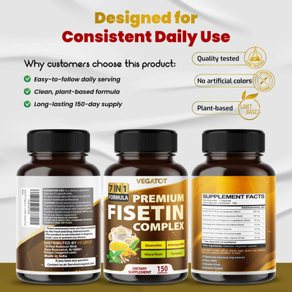 VEGATOT Organic Fisetin Complex 7-in-1 Formula | with Quercetin, Resveratrol, Ashwagandha, Maca Root, Turmeric, Black Pepper | 150 Capsules | Non-GMO, Gluten-Free VEGATOTBuy Supplements Australia