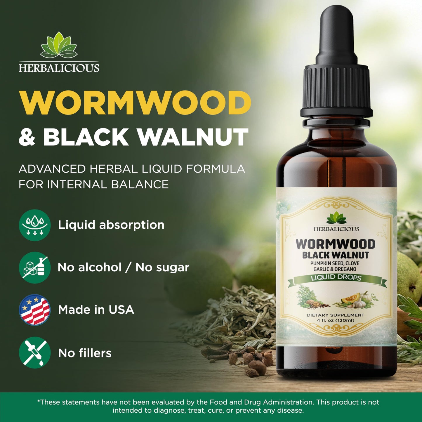 HEBRALICIOUS Wormwood Black Walnut Liquid Drops – Herbal Blend with Pumpkin Seed, Clove, Garlic & Oregano Oil – Alcohol Free Herbal Tincture – Liquid Dietary Supplement, 4 fl oz (120ml) HERBALICIOUSBuy Supplements Australia