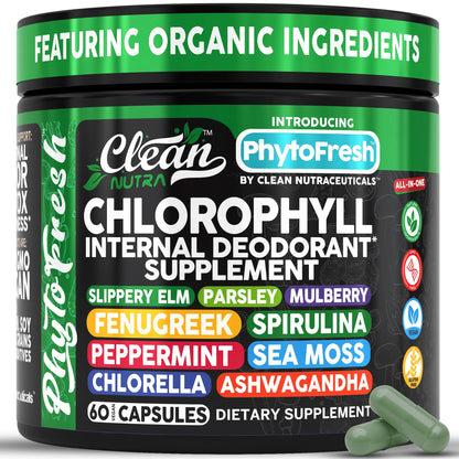 Clean Nutra Chlorophyll Capsules Supplement Internal Deodorant Peppermint, Sea Moss, Parsley, Chlorella, Spirulina, Slippery Elm, Ashwagandha, PhytoFresh Greens Detox Pills Clean NutraceuticalsBuy Supplements Australia