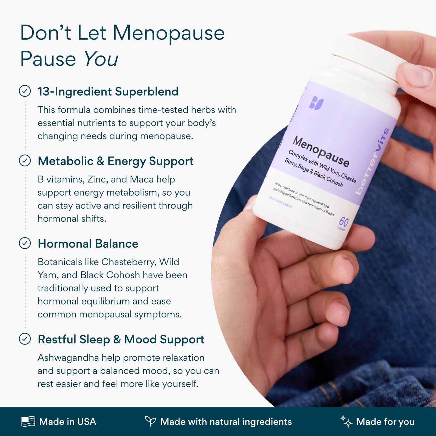 Bettervits Menopause Supplements for Women with Ashwagandha and Zinc | Hormone Balance Support with Vitamins D3 B6 B12 for Hot Flashes | Perimenopause Supplements for Monthly Wellness - 60 Capsules BettervitsBuy Supplements Australia