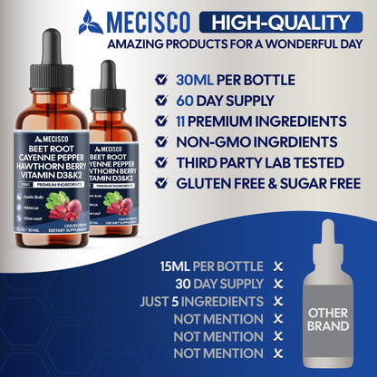 11in1 Beet Root Liquid Drops - Support Overall Wellness - with Vitamin D3, Vitamin K2, Hawthorn Berry, Cayenne Pepper, Garlic, Hibiscus, Olive, Red Spinach, Green Tea - 1 FL Oz - 60 Day Supply MeciscoBuy Supplements Australia