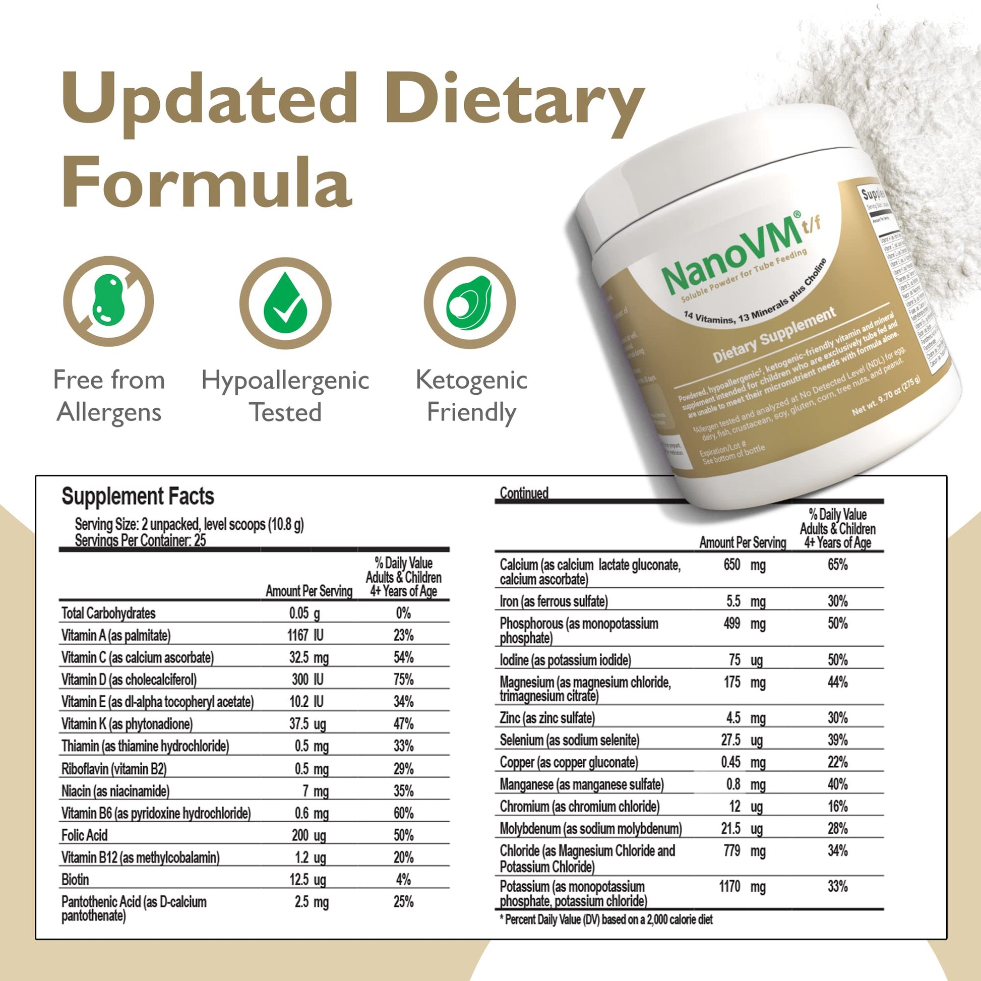 NanoVM t/f, Dietary Supplement for Tube Feeding, Allergen-Free Kids Multivitamin, Unflavored Vitamin Powder with 14 Vitamins & 13 Minerals, Low-Carb Kids Vitamins, 275g - Solace Nutrition NanoVMBuy Supplements Australia