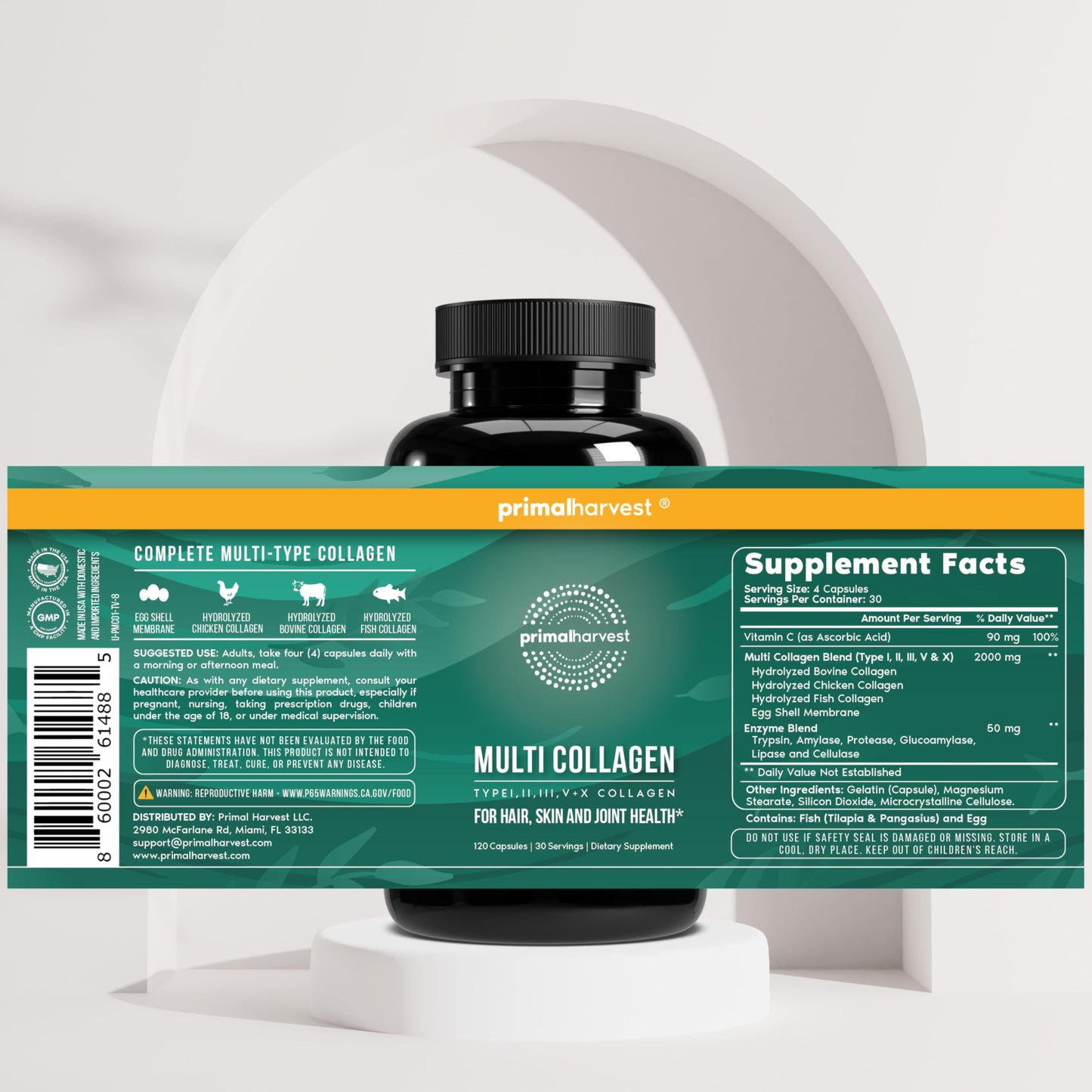 Primal Harvest Multi Collagen Pills for Women and Men (Type I, II, III, V, X) 120 Capsules w/Vitamin C for Hair, Skin, Nails