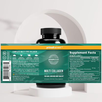 Primal Harvest Multi Collagen Pills for Women and Men (Type I, II, III, V, X) 120 Capsules w/Vitamin C for Hair, Skin, Nails