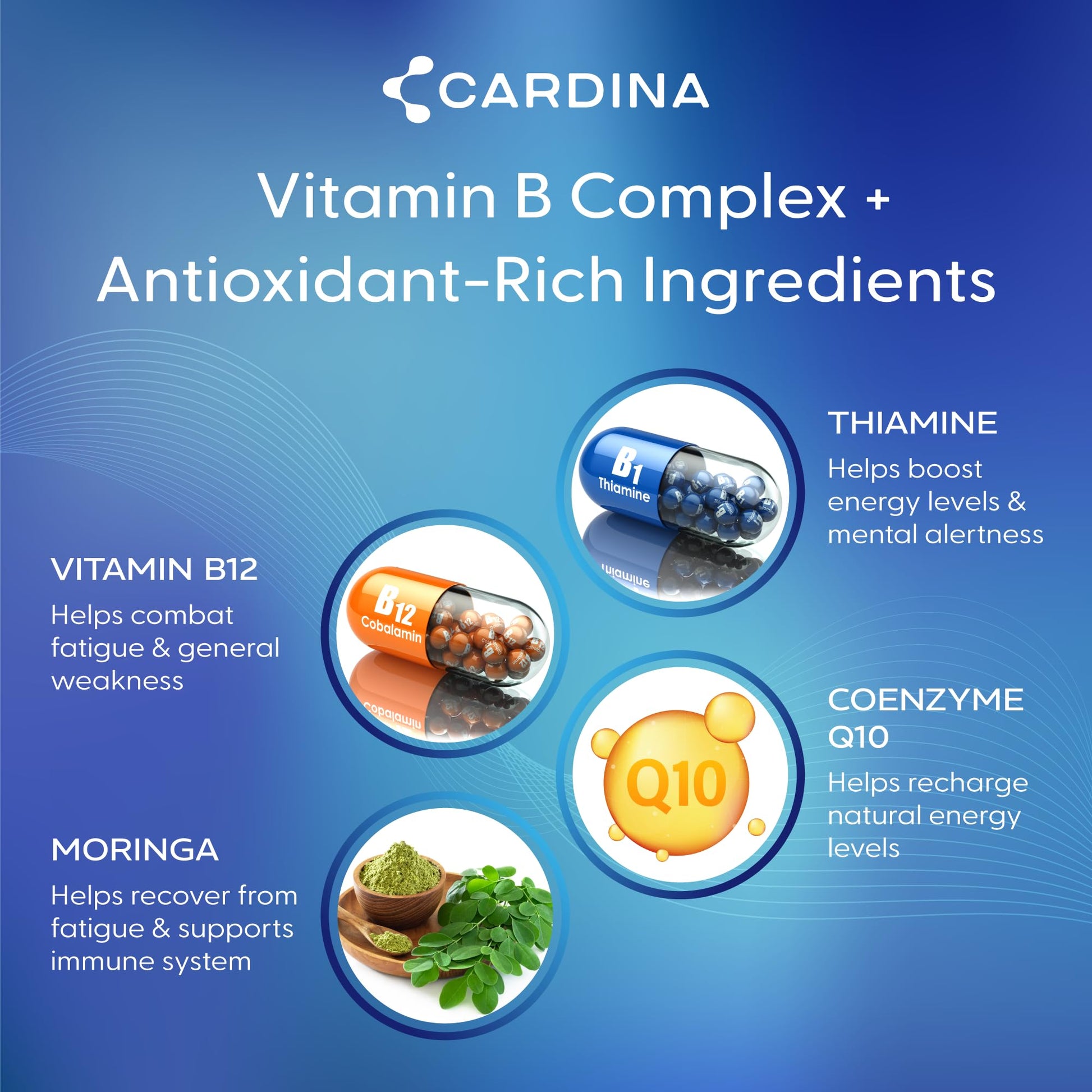 CARDINA B12 Vitamins for Women and Men - Brain Supplements for Memory and Focus with Thiamine B1 Supplement and COQ10 - Brain Memory Support - Non-GMO and Vegan B12 Supplement, 60 Ct CARDINABuy Supplements Australia