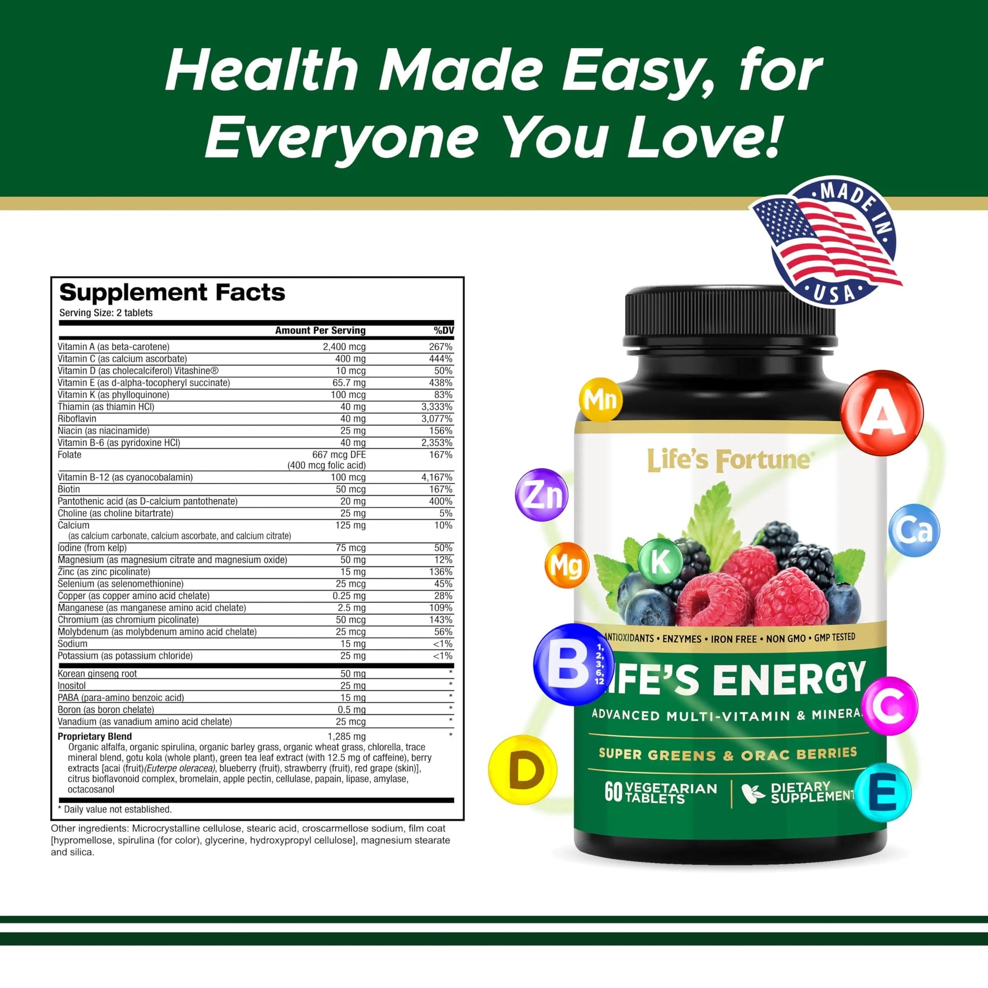 Life's Energy Advanced Daily Multivitamin for Men & Women, Energy and Immune Support Supplement with Super Greens, Antioxidants, Enzymes Life's Fortune