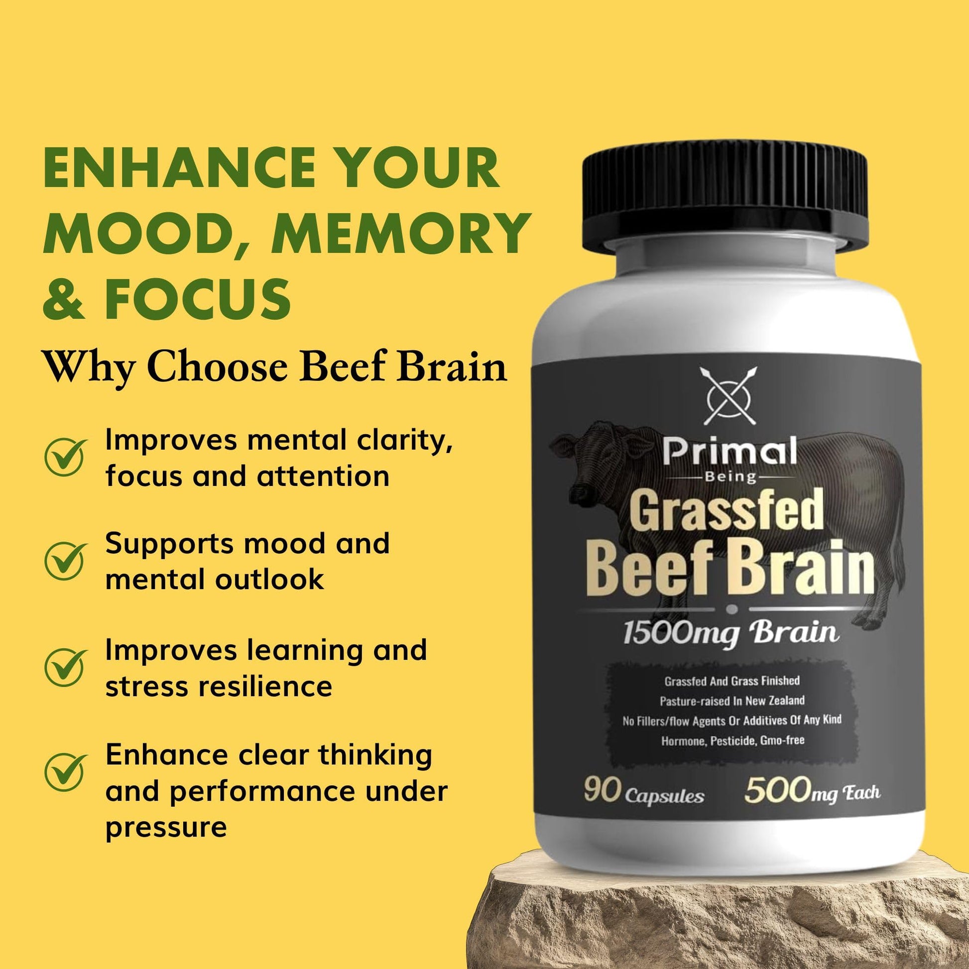 Primal Being Grassfed Beef Brain, Supports Memory, Mood, Focus, Energy, Cognitive Health - 90 Capsules, 1500mg per Serving Primal BeingBuy Supplements Australia