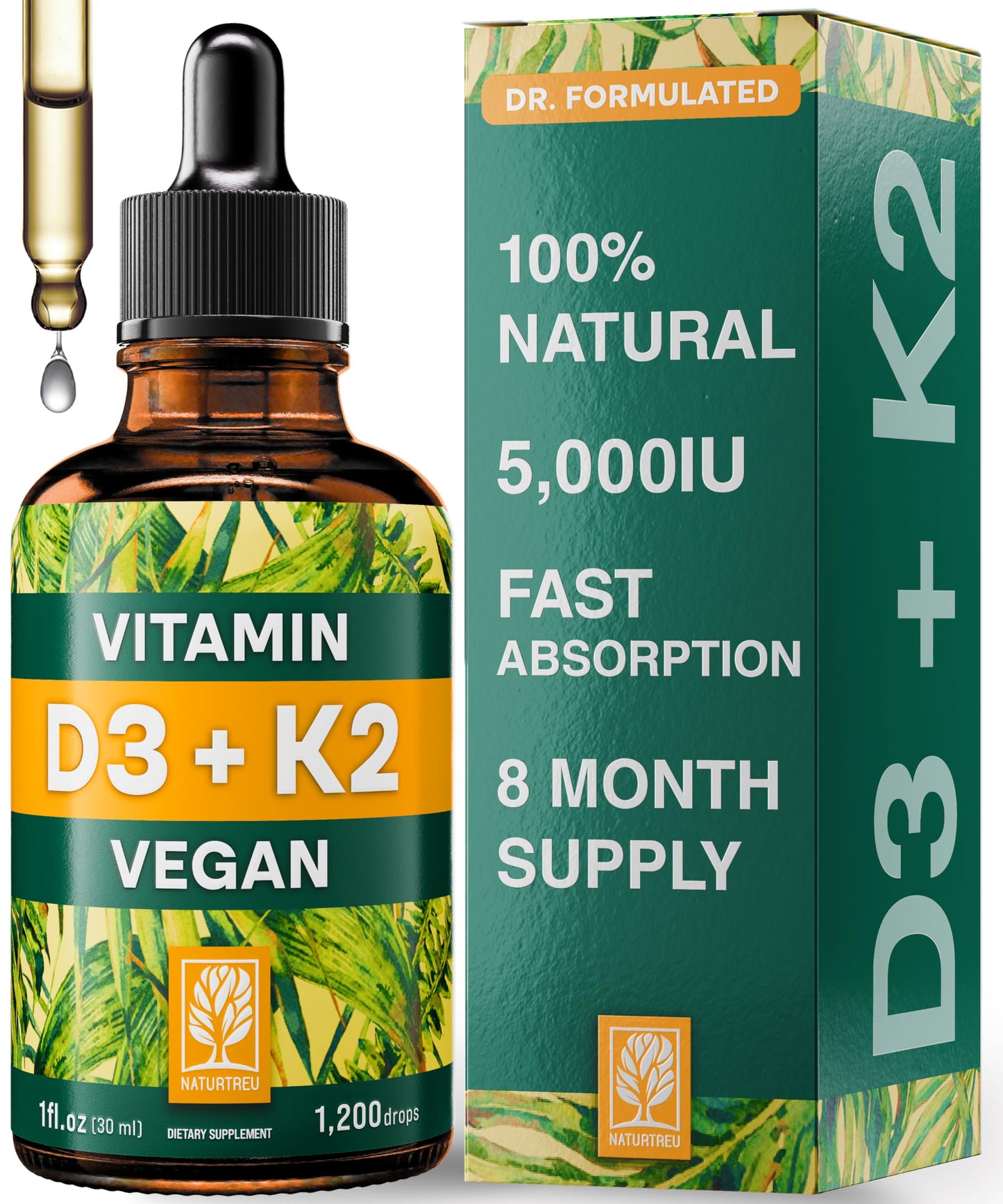 NATURTREU Vegan Vitamin D3 K2 Liquid Drops with MCT Oil for Adults (240 Servings) - Liquid Vitamin D K2 MK7 - All Natural, Non-GMO & Dr Formulated with 3X More Absorption - Third-Party Tested NATURTREUBuy Supplements Australia