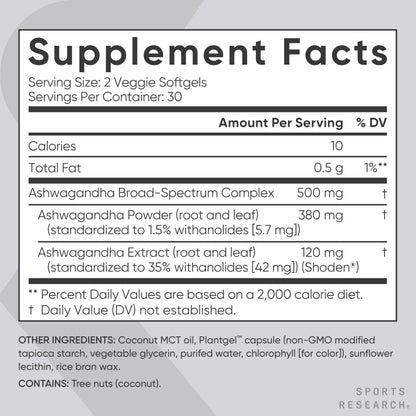 Sports Research® Ashwagandha Softgels with Coconut MCT Oil - Natural Adaptogen Sports ResearchBuy Supplements Australia