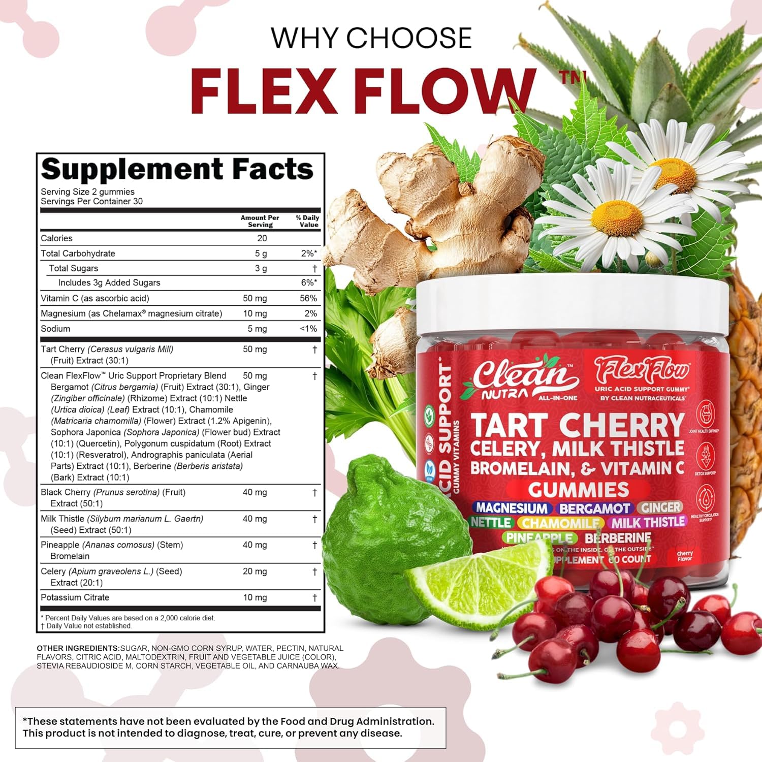 Clean Nutra Tart Cherry Gummies Uric Acid Flush Celery Milk Thistle Bromelain Vitamin C Magnesium Citrus Bergamot Ginger Stinging Nettle Leaf Chamomile Berberine Quercetin Support 60 Gummy Vitamins Clean NutraceuticalsBuy Supplements Australia