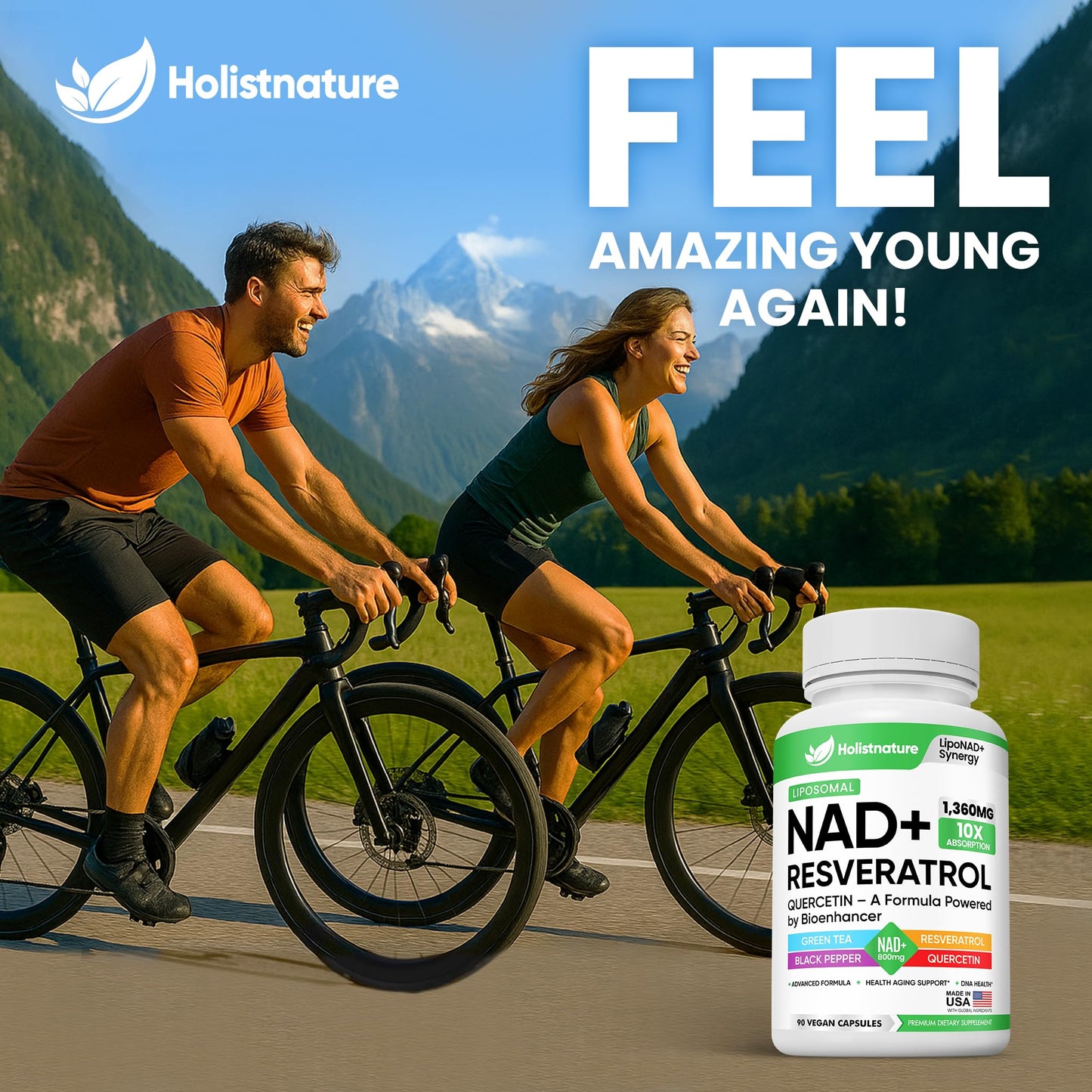 NAD+ Supplement, 1,360mg Max Strength Liposomal | Resveratrol, Quercetin, Green Tea | Cellular Energy & Healthy Aging for Men & Women | 800mg of 100% High Purity NAD+ for Energy, Focus - 90 Capsules HolistnatureBuy Supplements Australia