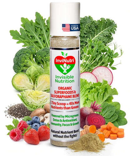 InviNutri Superfood Powder for Sensory & Picky Eaters. A TINY scoop- 40x Nutrient-Rich, 30mg Sulforaphane for Detox. Organic Microgreens, Fruits & Veggies - Blends Invisibly into Most Meals - 24 serv. InviNutri Invisible NutritionBuy Supplements Australia
