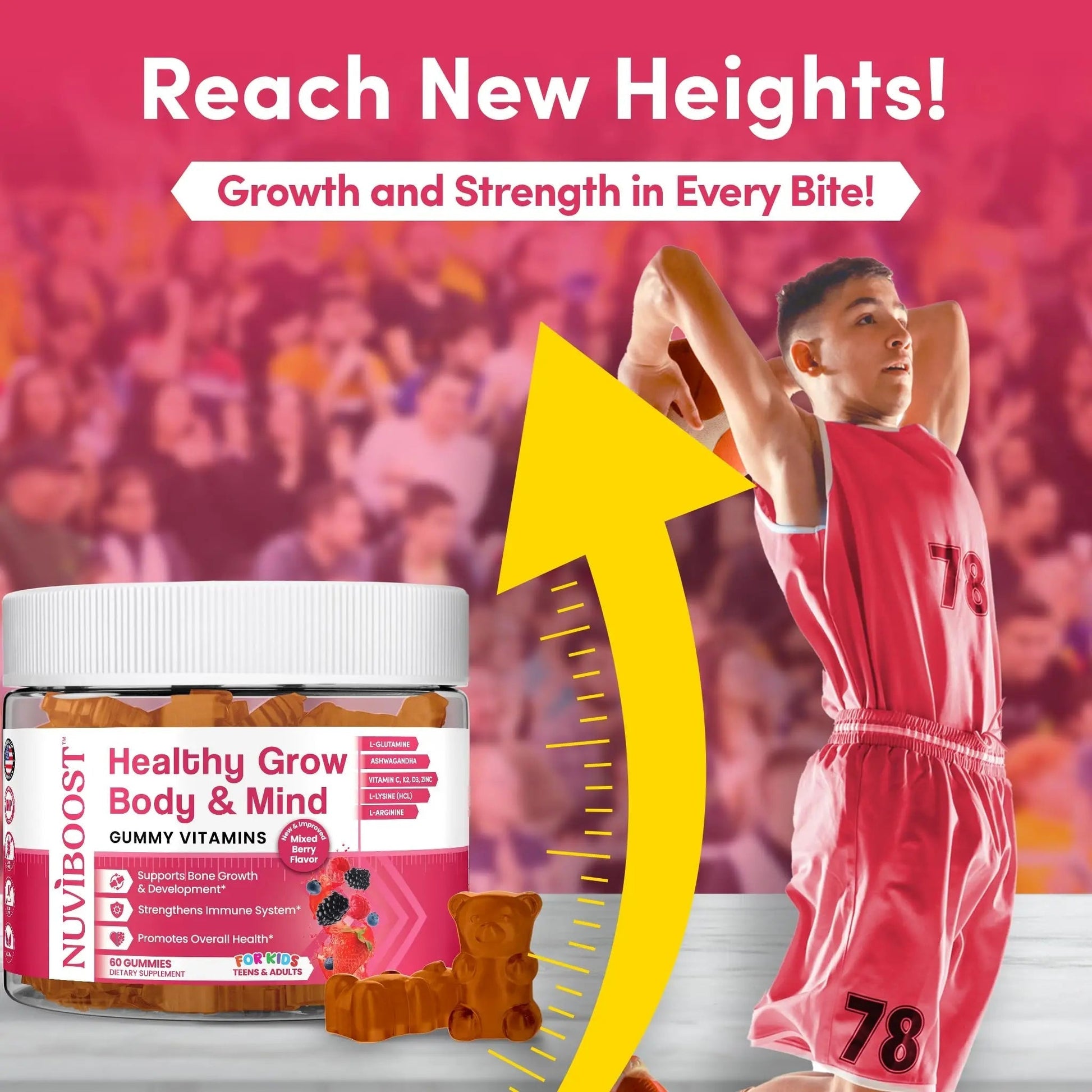 NUVIBOOST Healthy Grow Height Growth Gummies Rich in Calcium, Vitamins C, D3, K2, L-Arginine, Ashwagandha, and Others NUVIBOOST