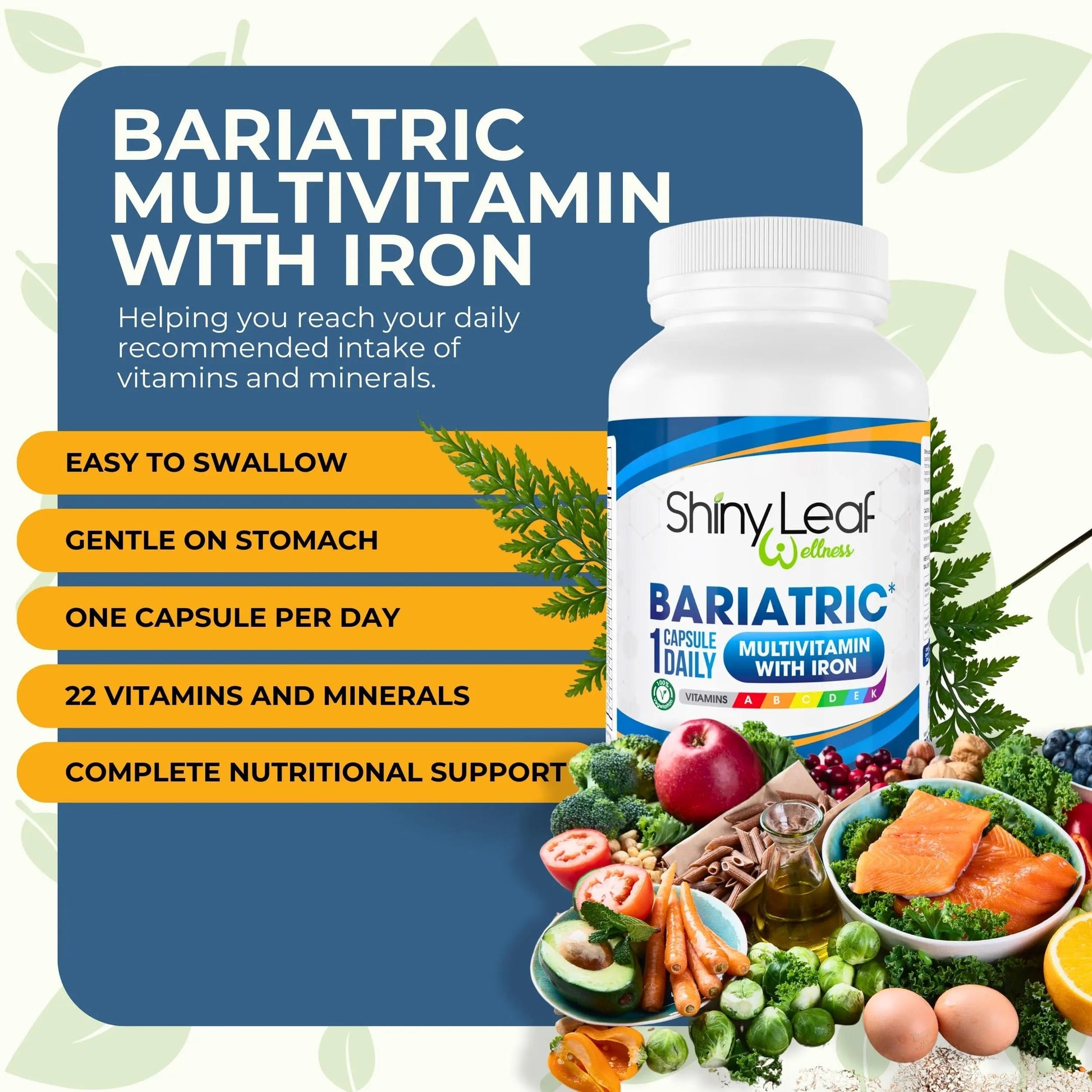 Bariatric Multivitamin with Iron One Capsule Per Day and CoQ10 100mg Supplement for Brain Health and Energy Management Shiny Leaf