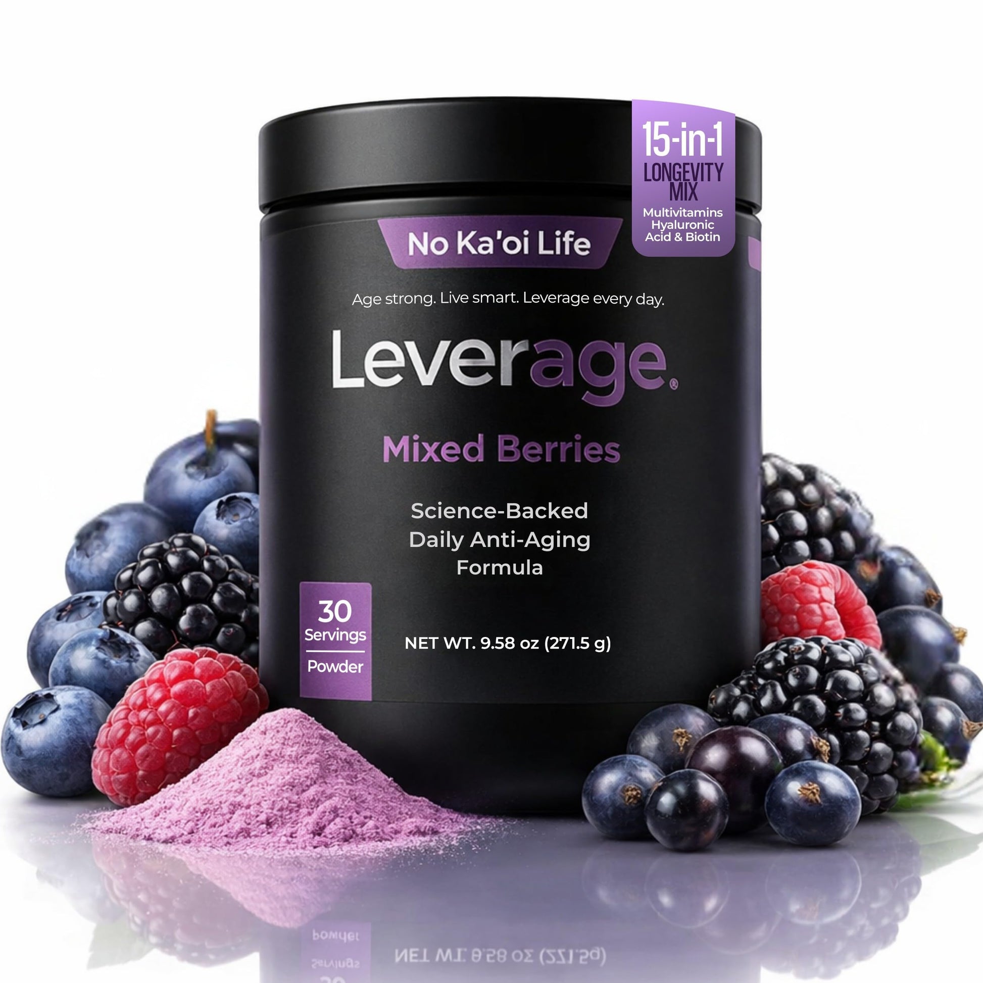 Leverage Mixed Berries Anti–Aging Supplement & Longevity Mix - Daily Wellness Multivitamin Powder with Hyaluronic Acid, L-Glycine & Magnesium for Skin, Energy, Cognitive Function & Joint–30 Servings LeverageBuy Supplements Australia
