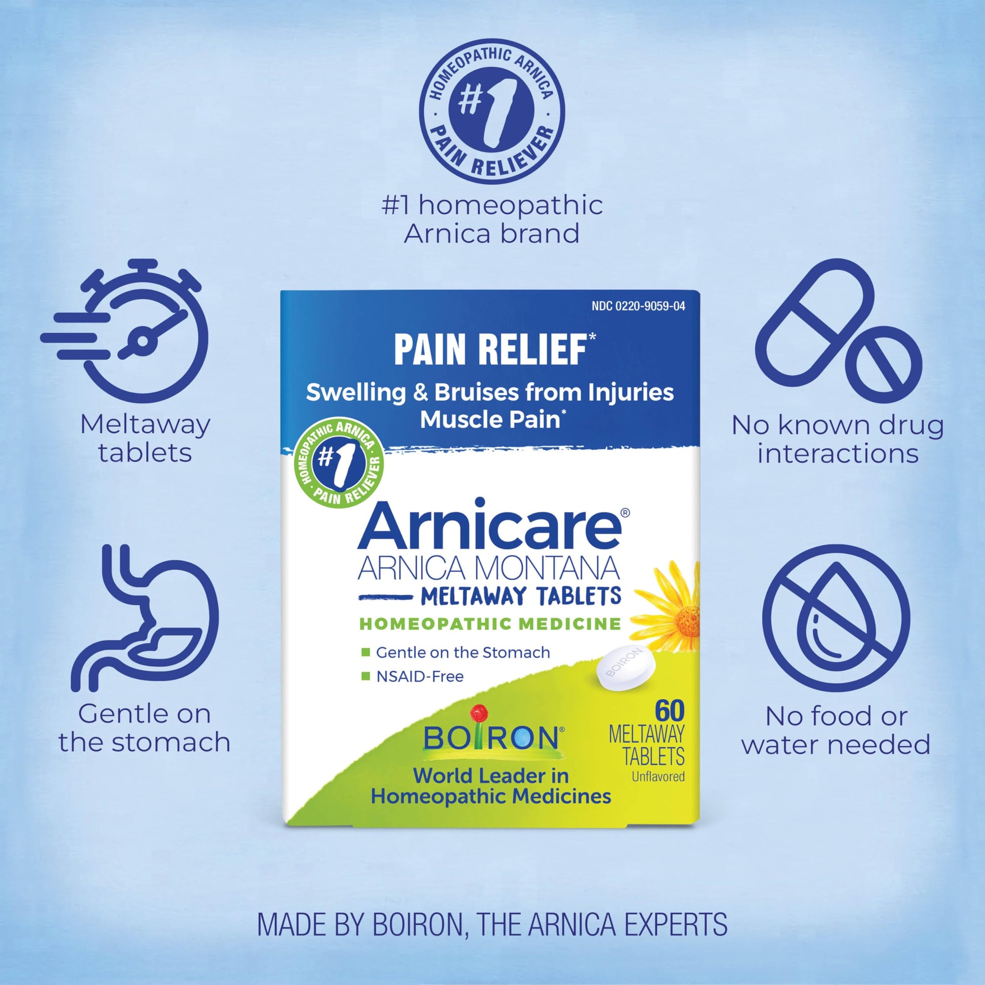 Boiron Arnicare Tablets for Pain Relief from Muscle Pain, Joint Soreness, Swelling from Injury or Bruises - 60 Count BoironBuy Supplements Australia