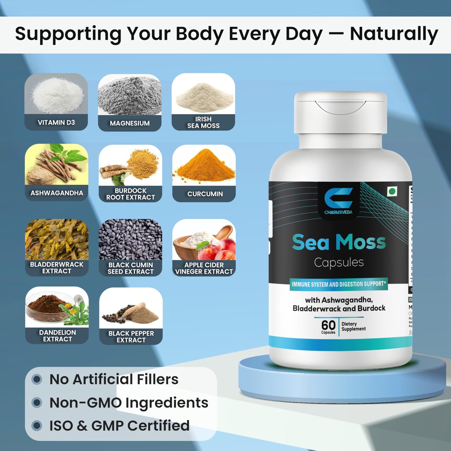 CHARMSVEDA Sea Moss Capsules with Ashwagandha, Bladderwrack & Burdock – Overall Wellness & Immune Support, Support Digestive & Gut Health* – 60 Vegan Capsules CHARMSVEDABuy Supplements Australia