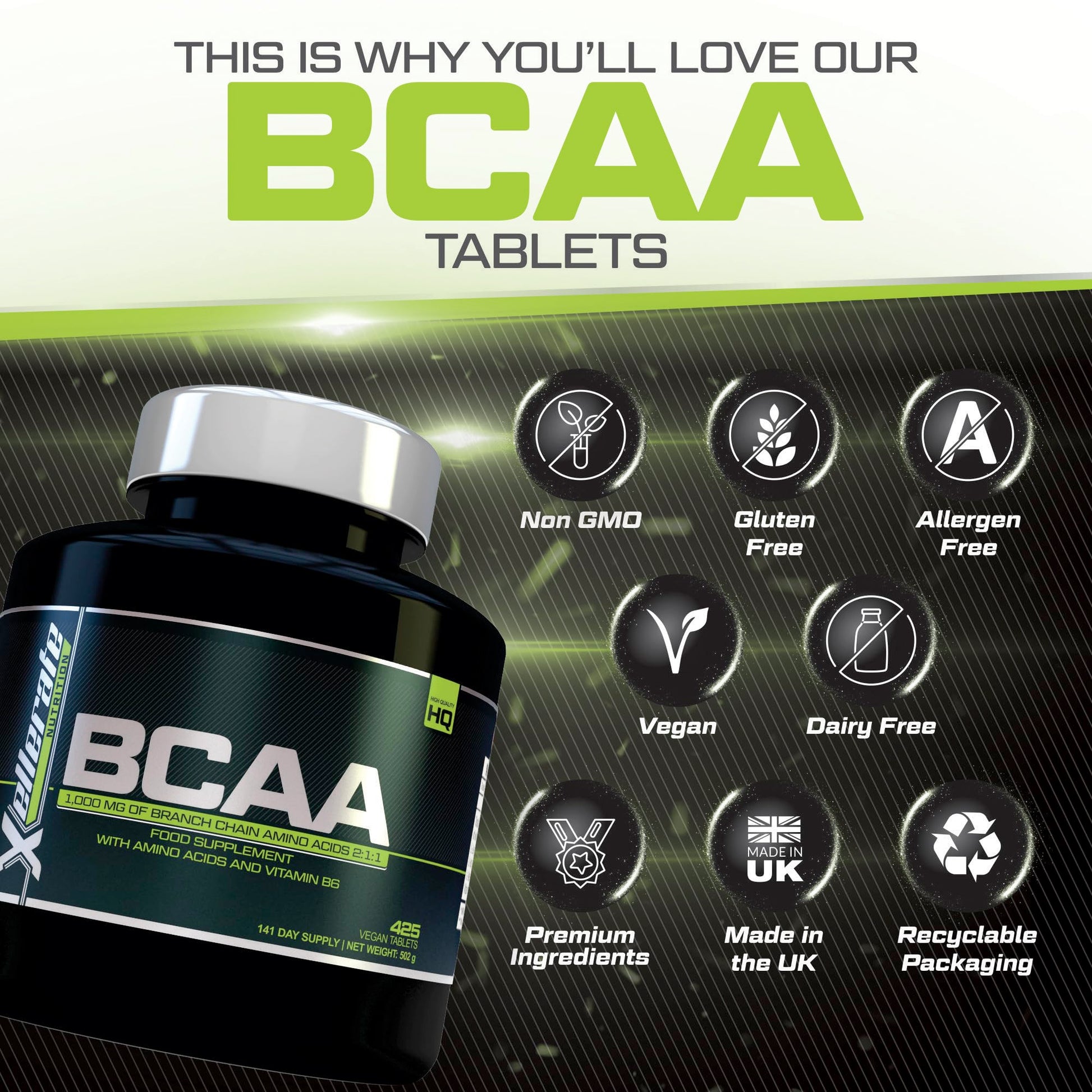 BCAA 1000mg - 425 Vegan Tablets - 3000mg Daily Serving - 141 Day Supply - 2:1:1 BCAAs Xellerate NUTRITIONBuy Supplements Australia