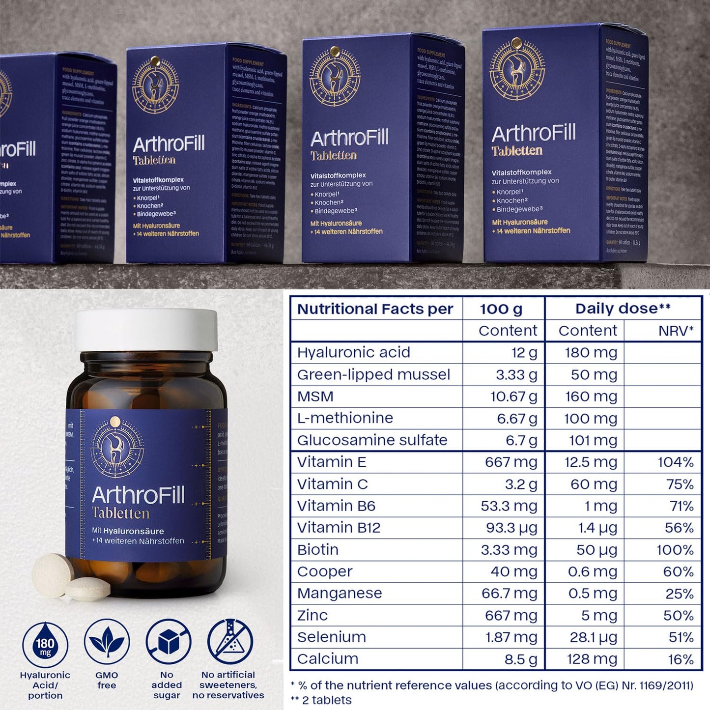 ArthroFill™ Tablets - Proven European Joint Relief - Vegan Hyaluronic Acid - Nutrient Complex - Support Active Movement Functions with 15 Vital Micronutrients - Made in Germany ArthroFillBuy Supplements Australia