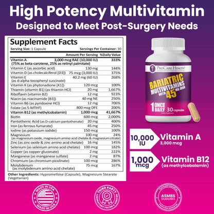 ProCare Health Bariatric Multivitamin with 45mg Iron (30 Easy to Swallow Capsules) - Once Daily Post-Op Support for Gastric Bypass ProCare HealthBuy Supplements Australia