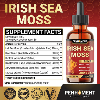 Penhoment 6in1 Sea Moss Drops with Black Seed Oil Irish Seamoss, Ashwagandha, Burdock Root & Bladderwrack - 1FL Oz - 30 Day Supply PenhomentBuy Supplements Australia