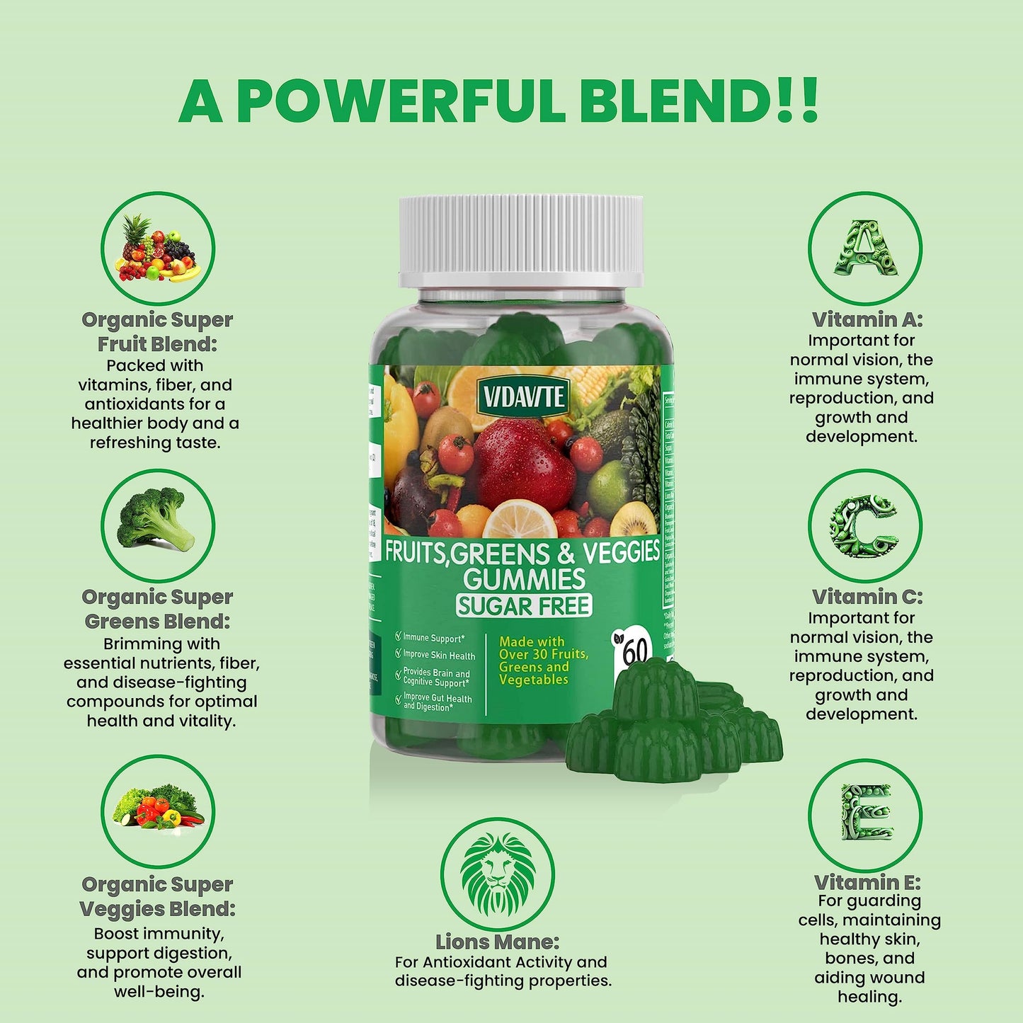 VIDAVITE Sugar-free Super Greens Gummies — US-Made, 35+ Fruit and Veggie gummies to Boost Immunity, Skin & Gut Health — Ideal Fruits and Vegetables Supplement