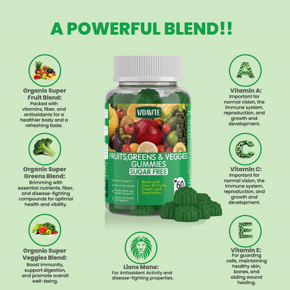 VIDAVITE Sugar-free Super Greens Gummies — US-Made, 35+ Fruit and Veggie gummies to Boost Immunity, Skin & Gut Health — Ideal Fruits and Vegetables Supplement