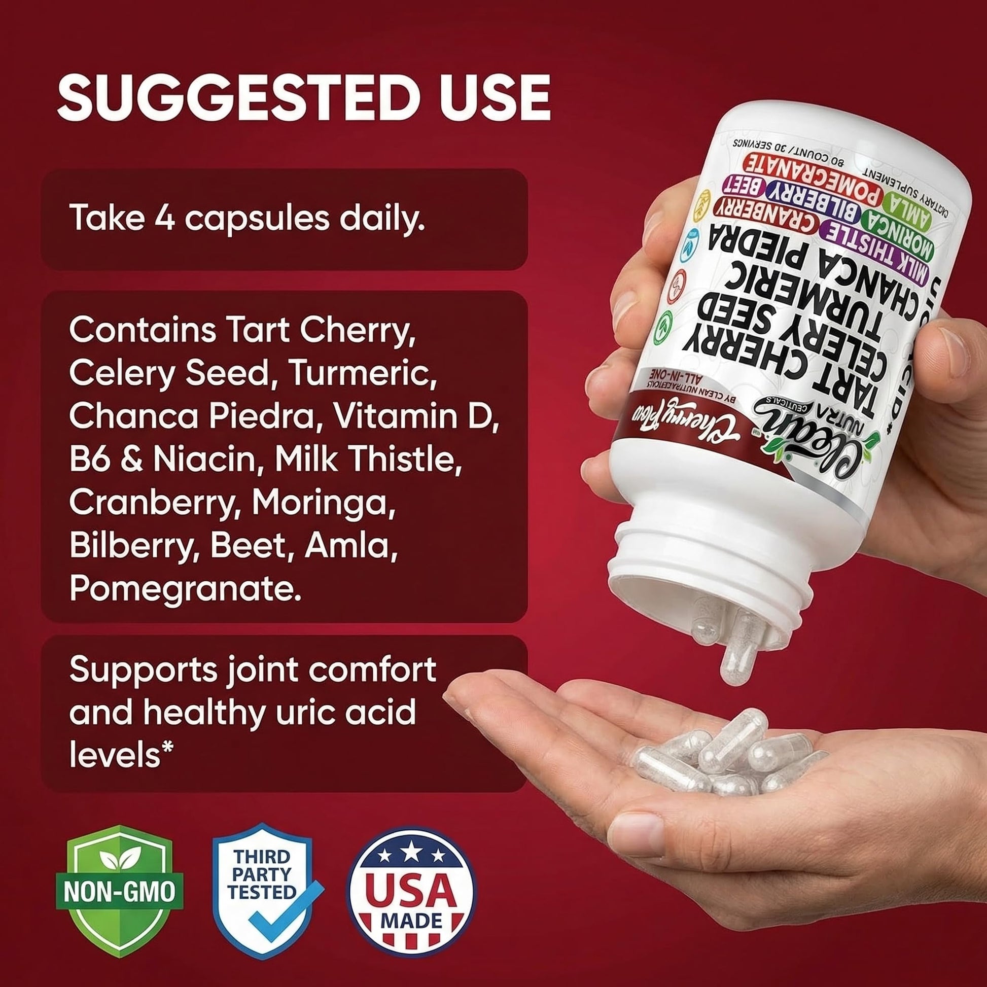 Cherry Flow Tart Cherry Capsules Uric Acid Support Celery Seed Turmeric Chanca Piedra Vitamin D Vitamin B6 Niacin Milk Thistle Moringa Extract Pomegranate Beets 90 Count By Clean Nutra Clean NutraceuticalsBuy Supplements Australia