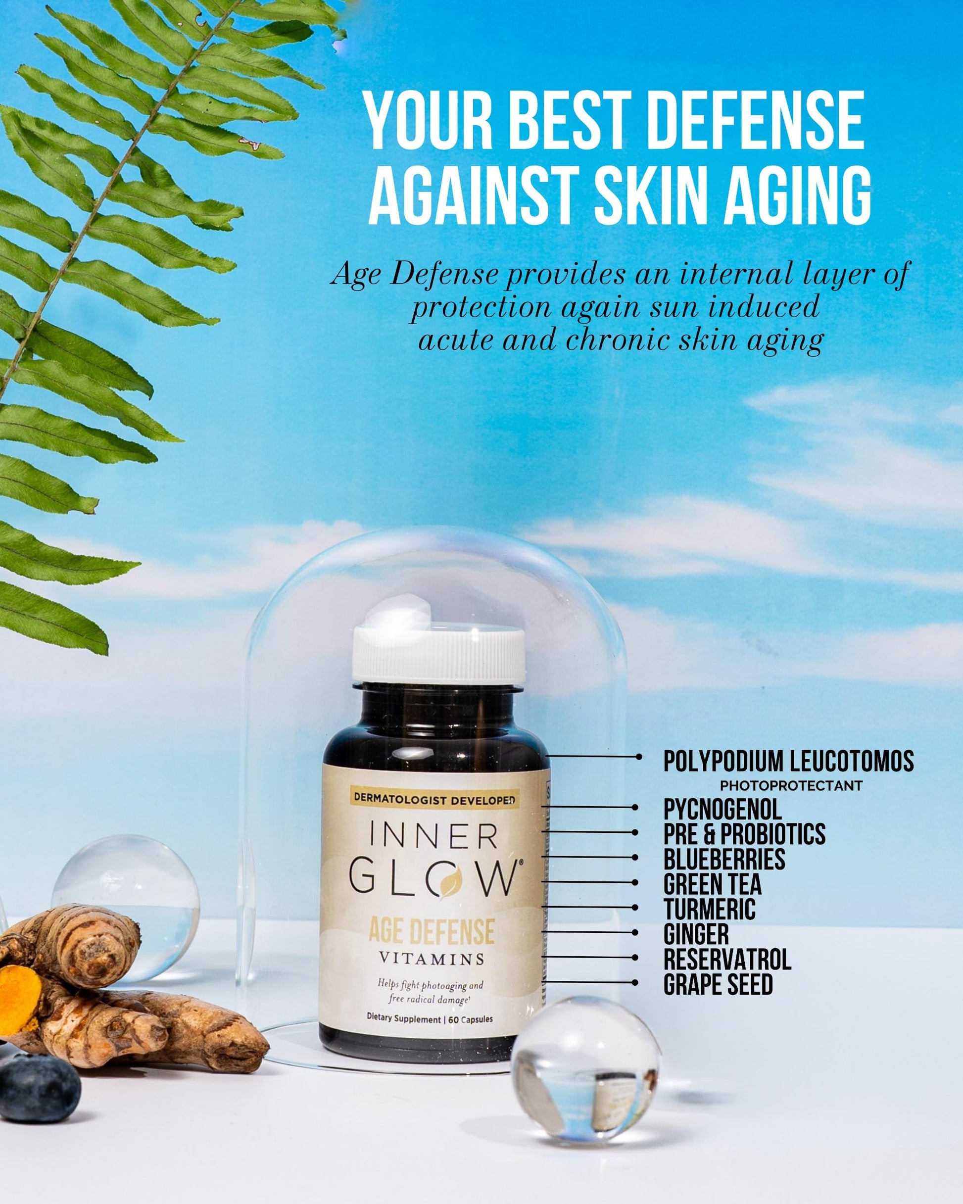 Inner Glow Age Defense Vitamins - Dermatologist and Plastic Surgeon Developed to Fight photoaging and Melasma, Polypodium Leucotomos Antioxidant Formula – Vegan, Gluten-Free – 60 Capsules Inner GlowBuy Supplements Australia