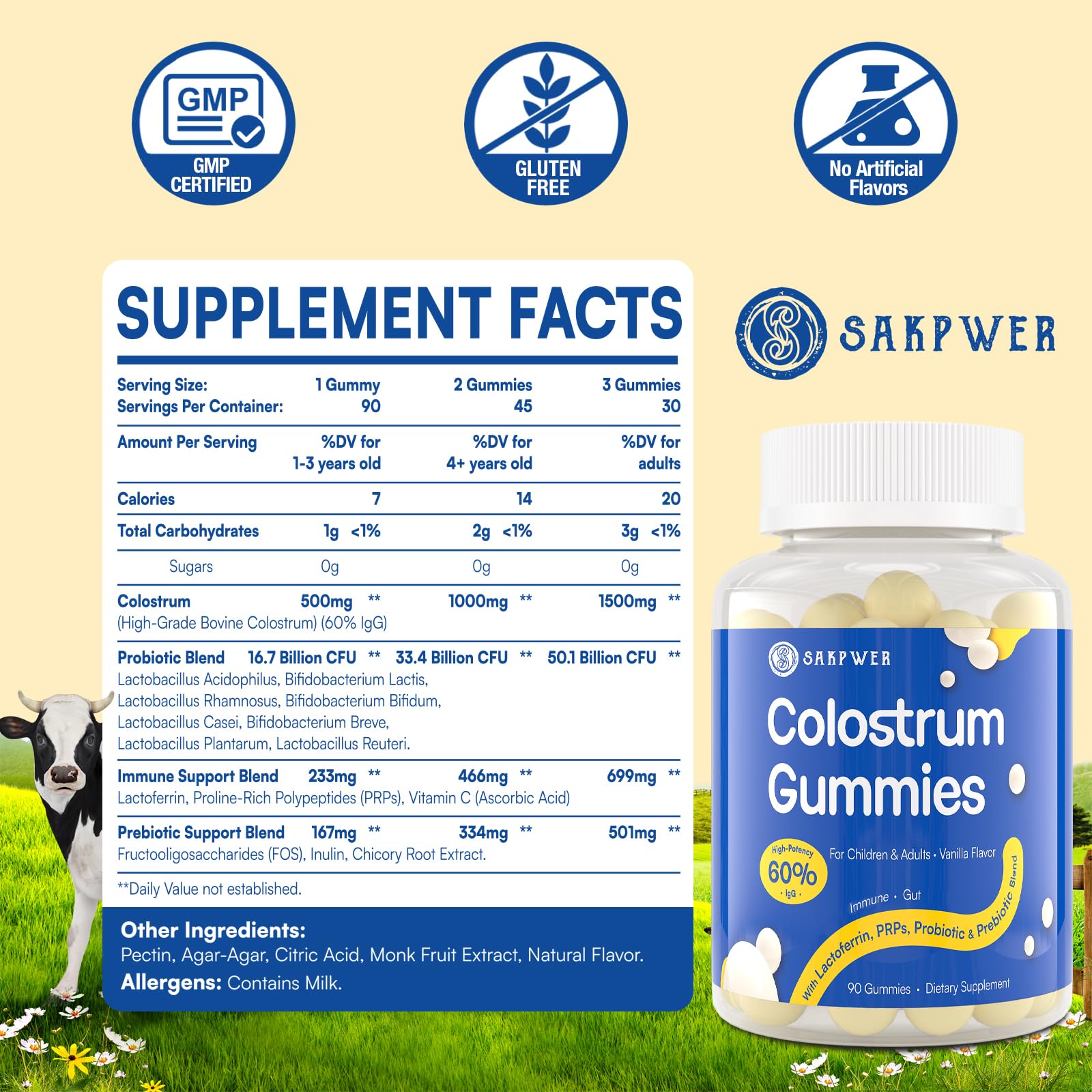 Sakpwer Bovine Colostrum Supplement Gummies - with 60% Highest IgG, Lactoferrin, Probiotics and Prebiotics for Adults and Kids, Vanilla Flavor & Sugar Free, 90 Gummies SakpwerBuy Supplements Australia