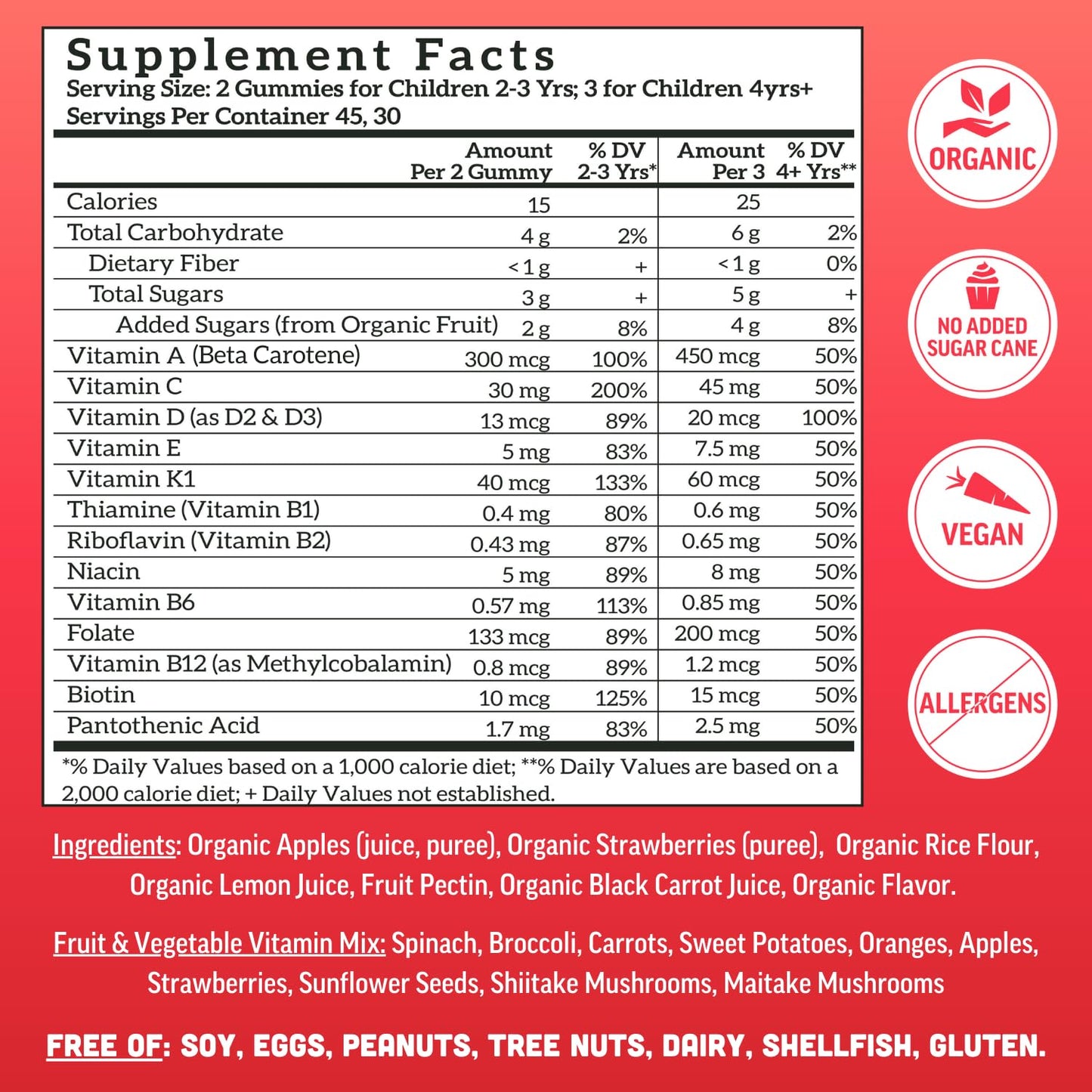 Llama Naturals Kids Multivitamin Gummies | Real Fruit, No Added Sugar Cane | Organic Vegan Toddler Whole Food Vitamins | Vitamin D, C & Beta Carotene Gummy Supplement