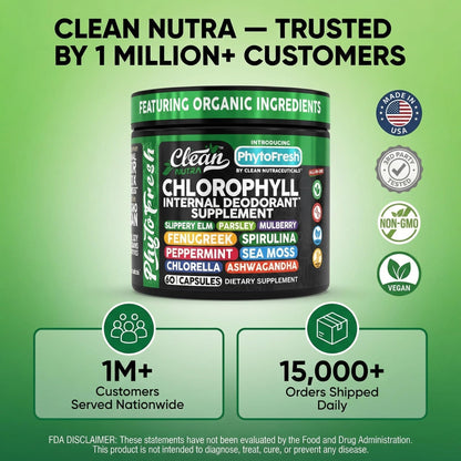 Clean Nutra Chlorophyll Capsules Supplement Internal Deodorant Peppermint, Sea Moss, Parsley, Chlorella, Spirulina, Slippery Elm, Ashwagandha, PhytoFresh Greens Detox Pills Clean NutraceuticalsBuy Supplements Australia