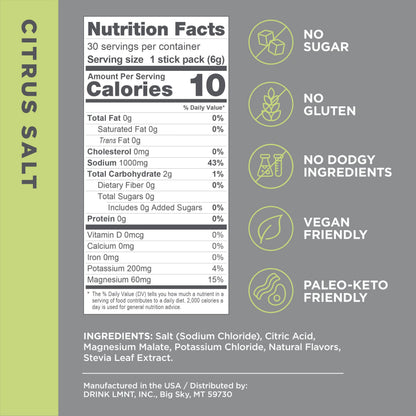 LMNT Zero-Sugar Electrolytes - Citrus Salt - Hydration Powder Packets | No Dodgy Ingredie Drink LMNTBuy Supplements Australia