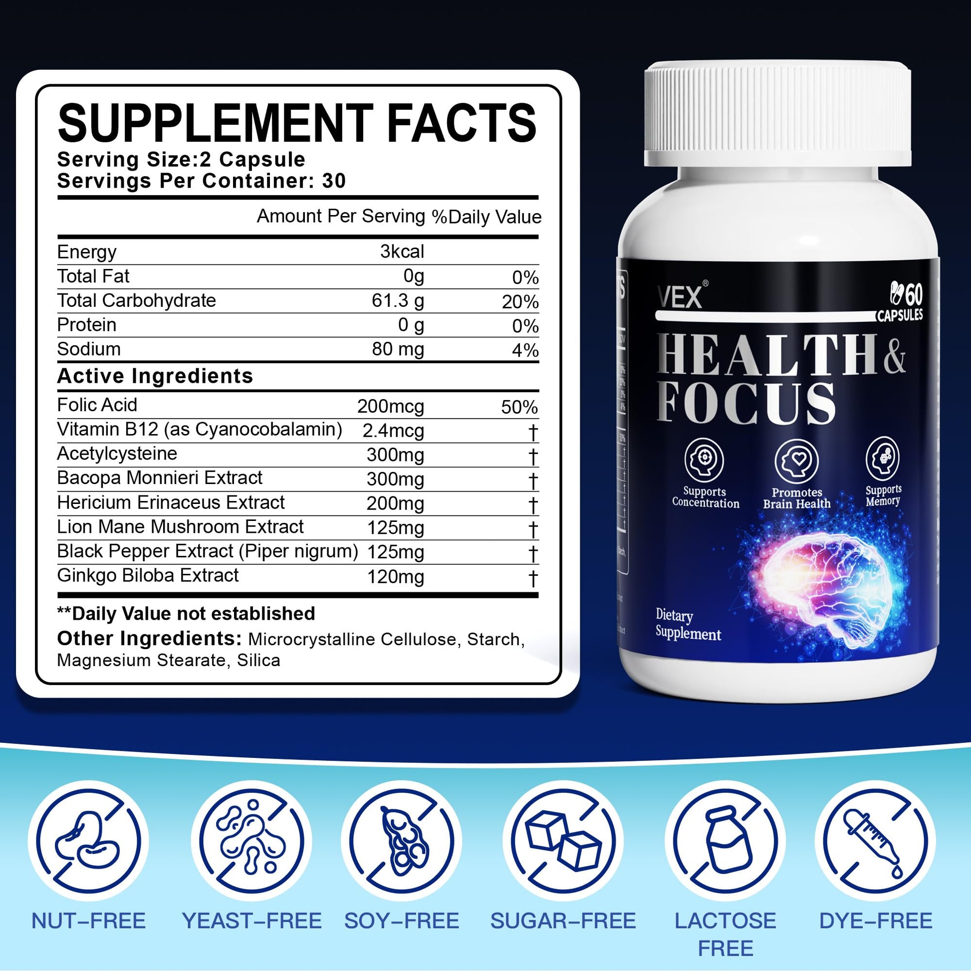 VEX Supplement – Memory & Clarity Support with Folic Acid, Vitamin B, Acetylcysteine, Bacopa Monnieri, Lion’s Mane, Ginkgo Biloba & Black Pepper – Cognitive, 60 Capsules VEXBuy Supplements Australia